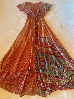 Boho Silk Dress with Teal Paisley Panel